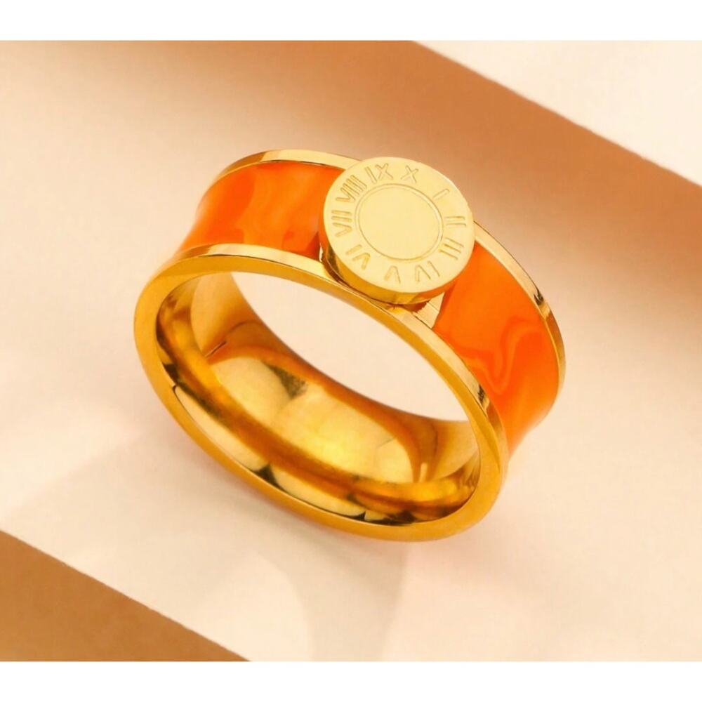 Round Roman Numerals Ring Stainless Steel Enamel Bangles - Orange - Size 6 - Picture 1 of 3